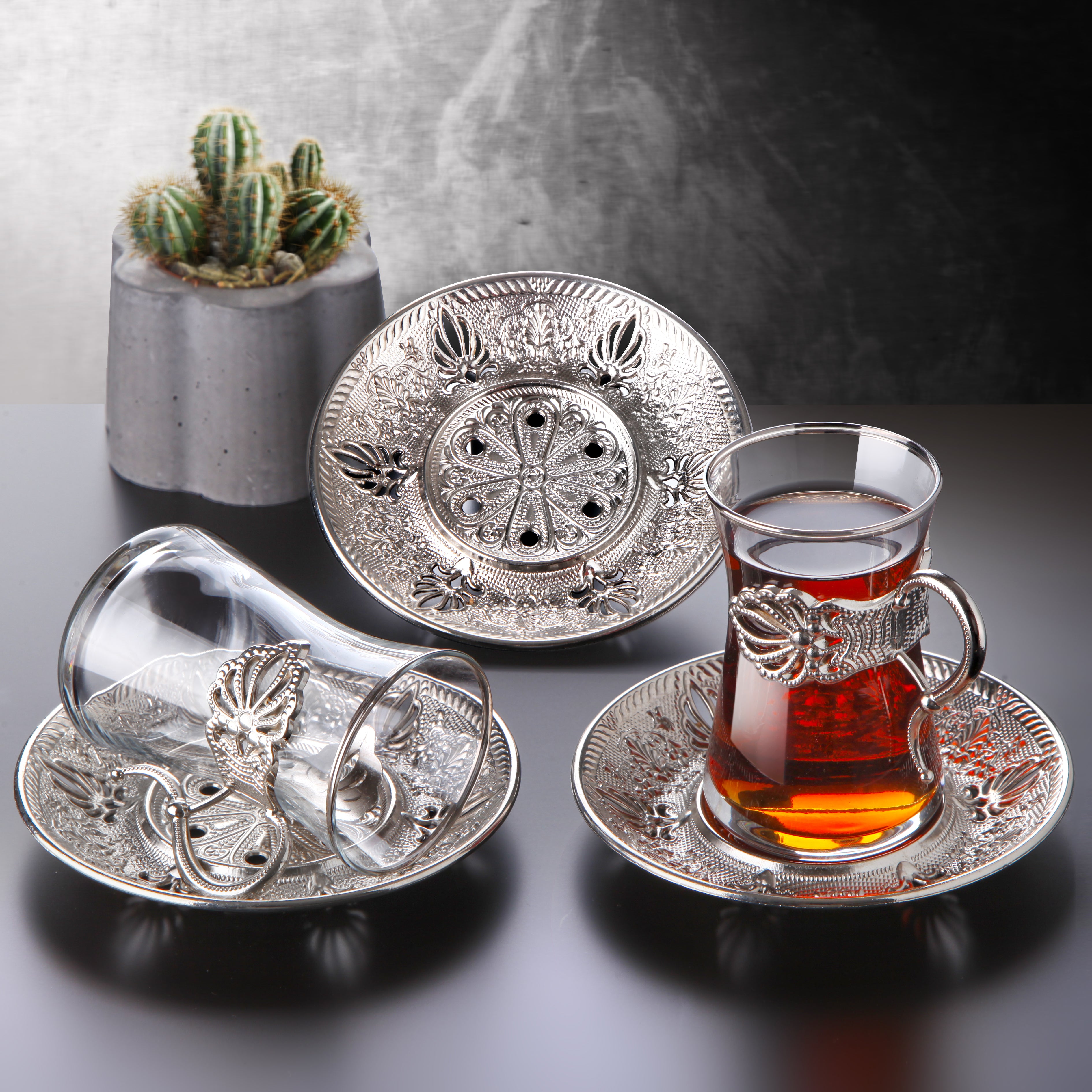 Silbernes türkisches Teeglas-Set, 6 Tassen