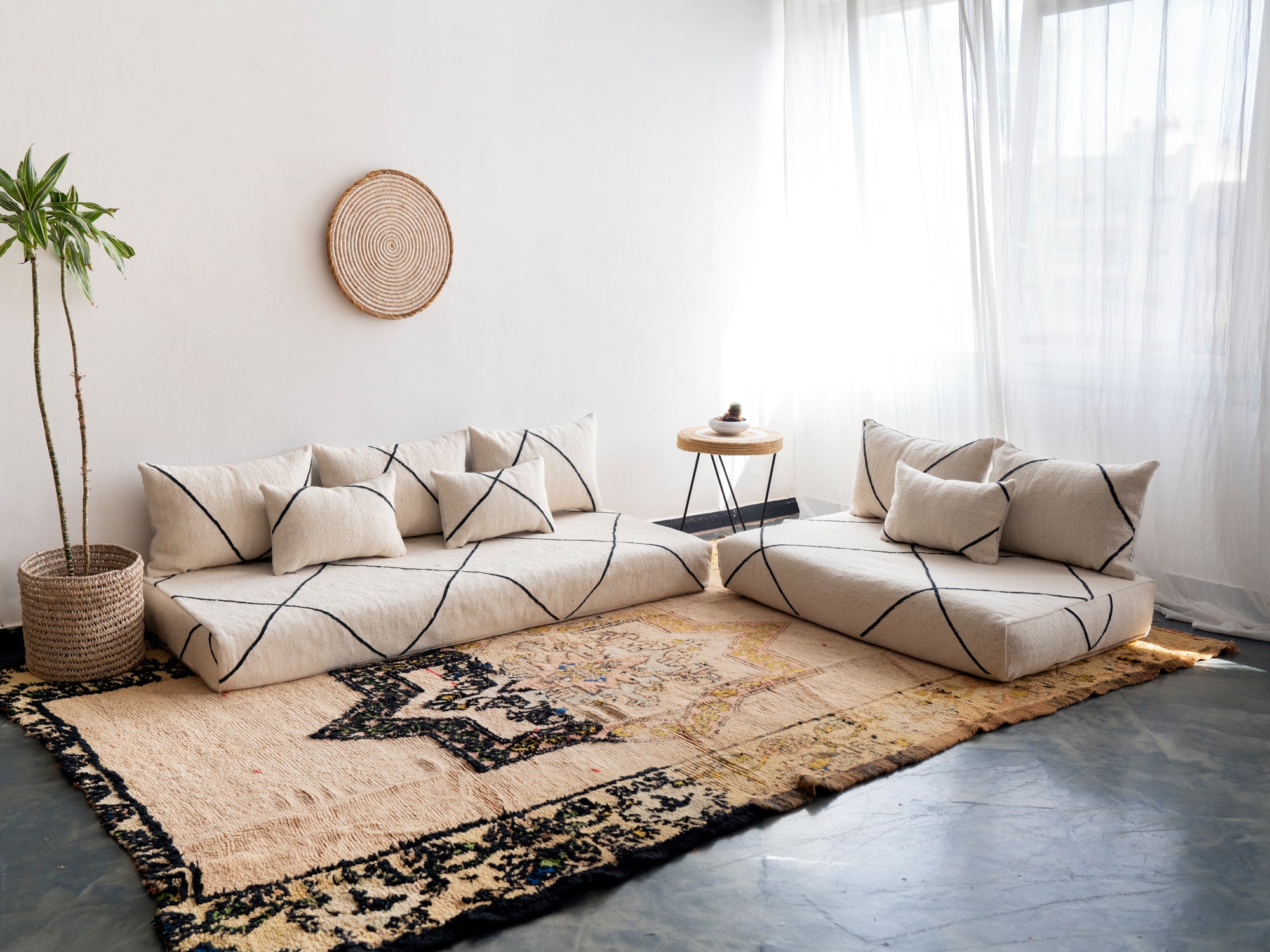 Black Striped Moroccan Floor Couches – Loveseat Sofa – Floor Cushion –