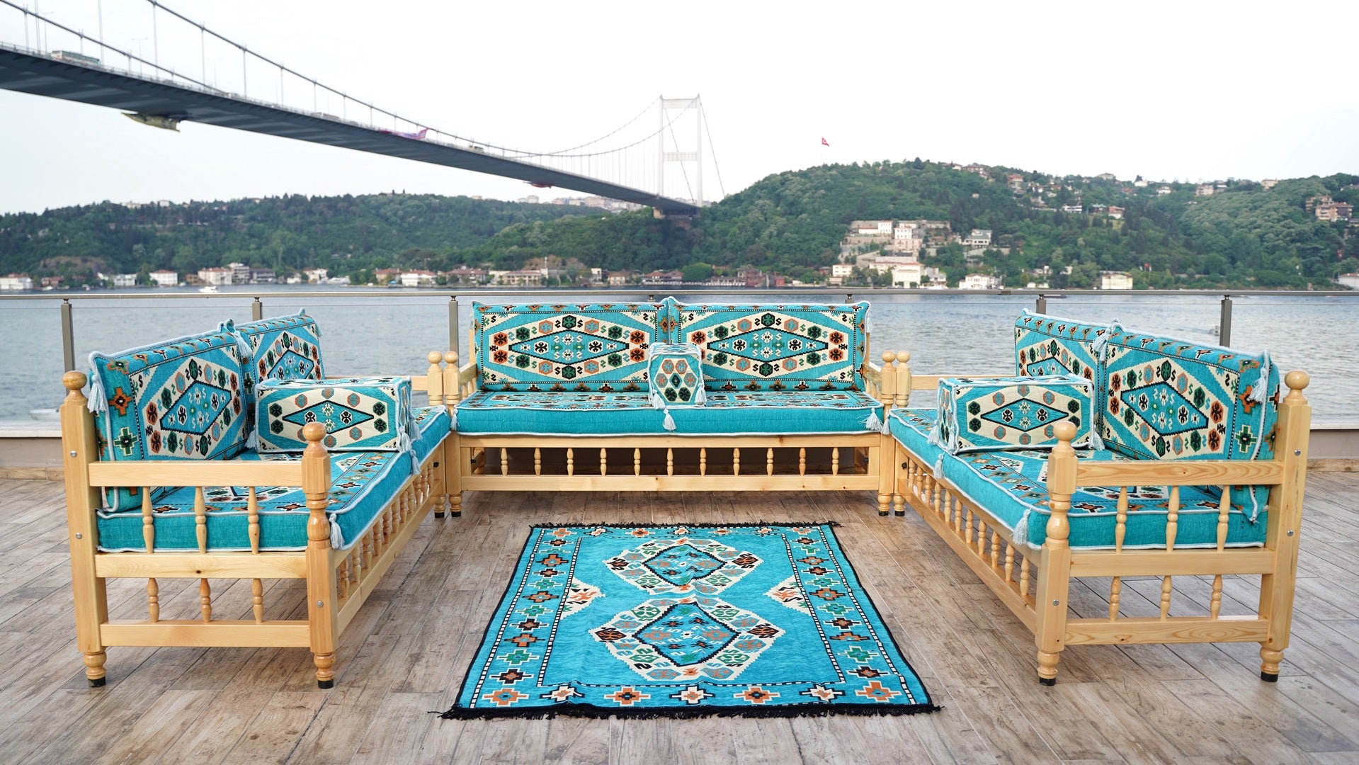 Turquoise Wooden Bench Sofa Sets, Bohemian Furniture, Outdoor Bench, T