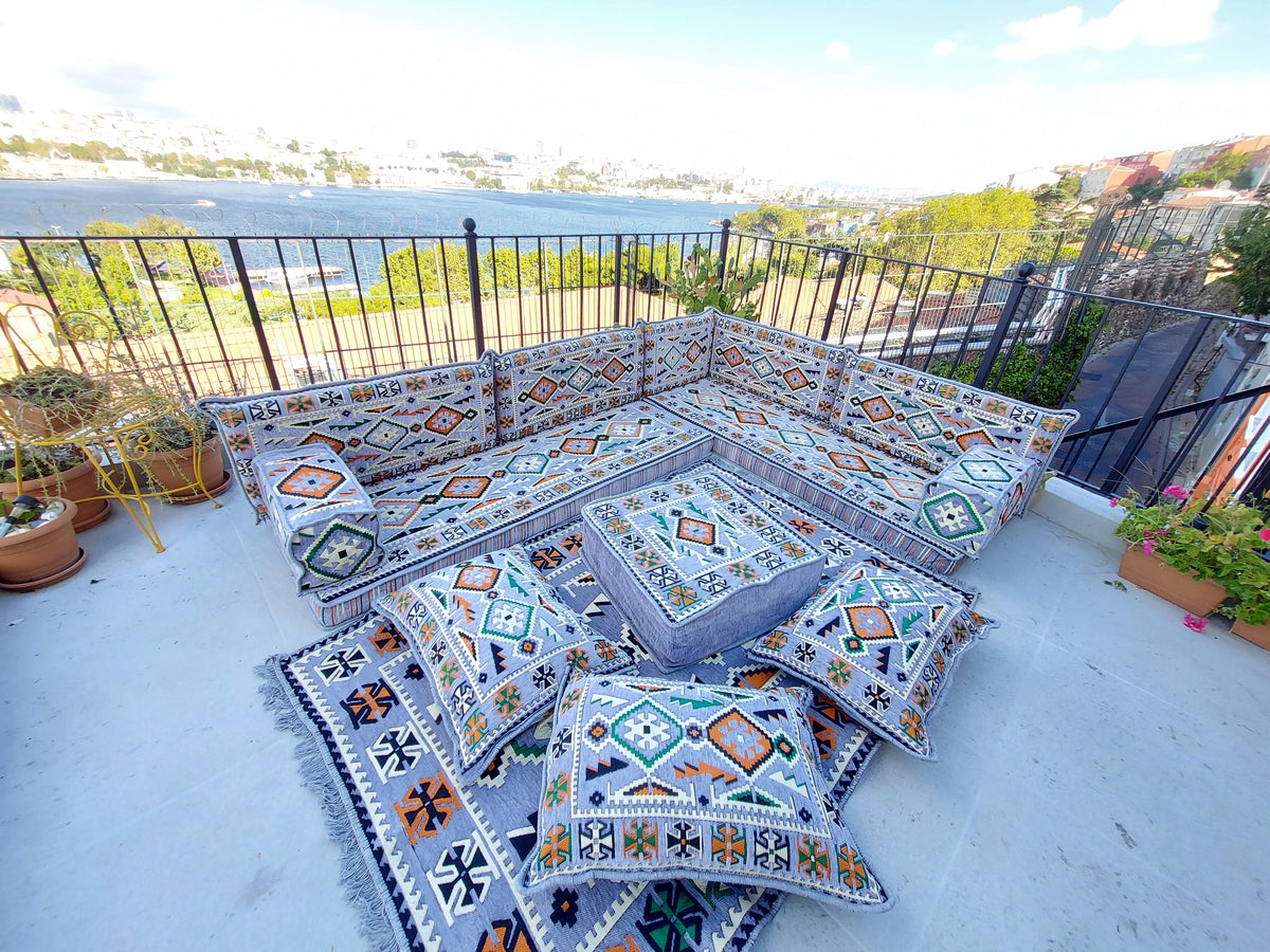 Gray L Shaped Pallet Cushions, Arabic Floor Sofa Set, Oriental