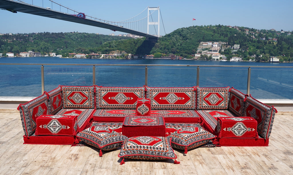 Traditional Red Floor Couch Set, U Shaped Maroon Sectional Sofas, Arabic Floor Sofa Set,Yoga Meditation Mat