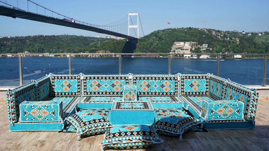 Turquoise Floor Cushions, Arabic Majlis, U Shaped Arabic Sofa Set,Traditional Design Arabic Lounge Set, Oriental Floor Seating Set