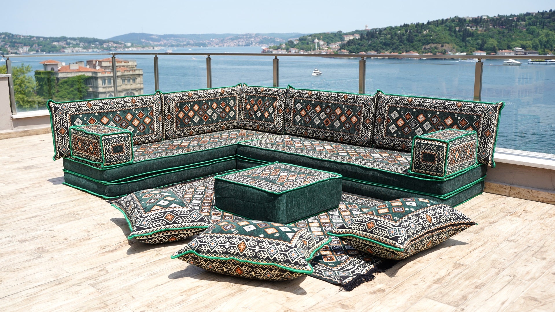 8'' Dickes L-förmiges Sofa-Set, Bodenkissen-Set, Grüne Indoor-Boden-Co