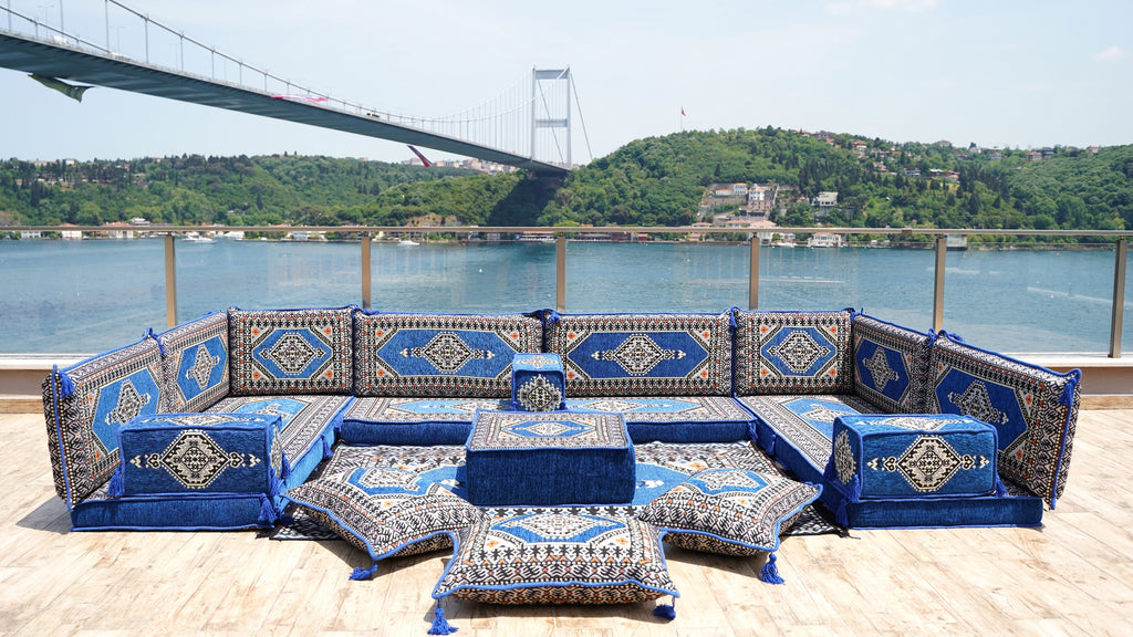 U Shaped Royal Blue Arabic Floor Sofa Set, Floor Cushions, Balcony Patio Sofas, Terrace Sofa, Ethnic Sofa, Moroccan Sofas