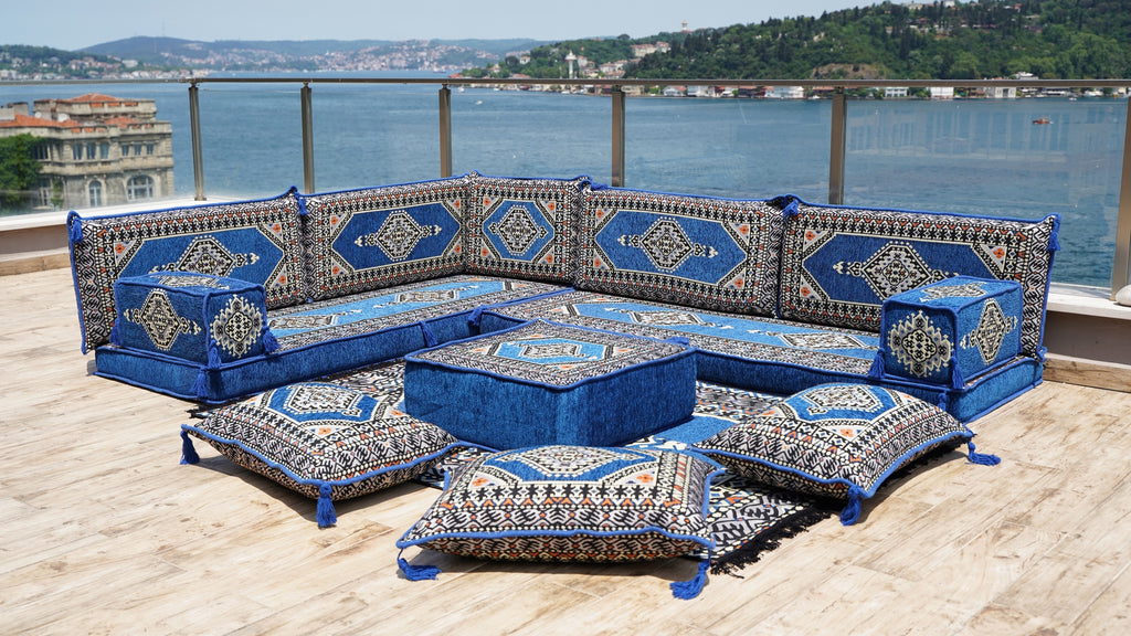 Royal Blue L Shaped Arabic Sofa Set, Floor Sofa Seating Set, Oriental Floor Seating, Floor Cushions, Arabic Lounge, Arabic Majlis