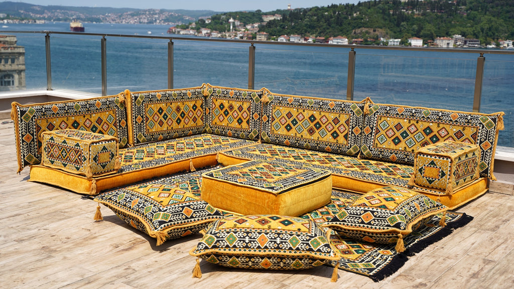 Yellow Floor Cushions, L Shaped Sectional Sofas, Arabic Sofa Set, Pallet Sofa, Arabic Majlis, Pouffs