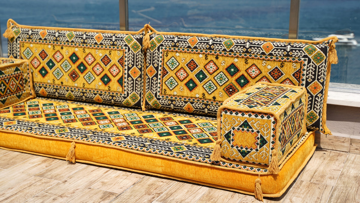 Yellow Sectional Sofa, Terrace Sofa, Floor Cushions, Arabic Majlis, Po