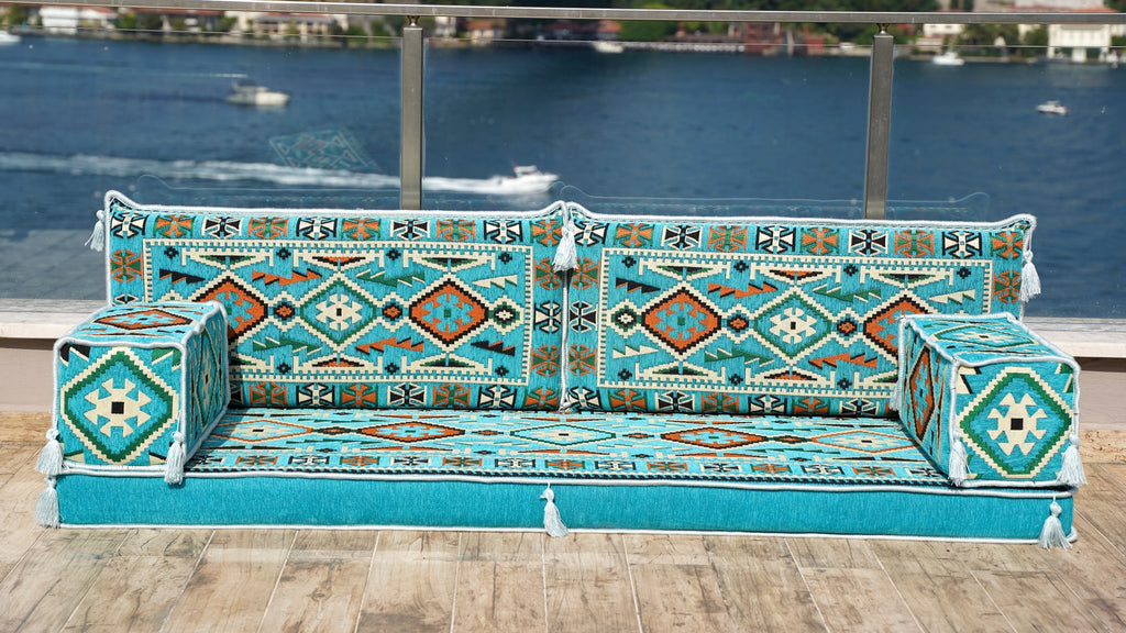 4'' Thickness Turquoise Single Sofa Seating Set, Arabic Sofa Set, Oriental Floor Seating, Single Sofa Sets, Living Room Sofa