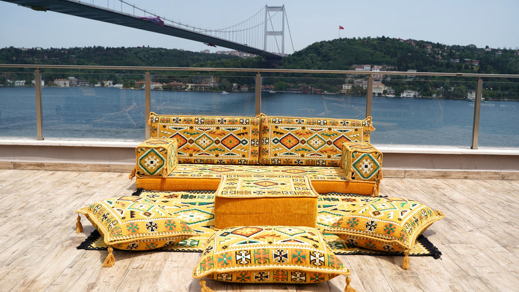 Yellow Oriental Cushions, Arabic Majlis, Arabic Floor Sofa with Ottoman Couch and Rug, Loveseat, Moroccan Floor Seating Set, Moroccan Cushion
