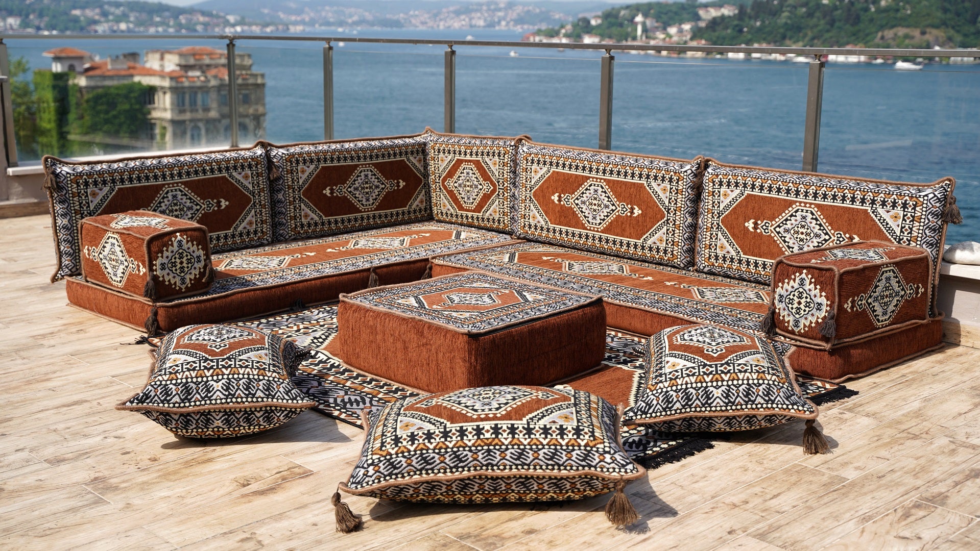 Brown Oriental Floor Seating, Floor Sofa Seating Set, L Shape Corner Arabic  Sofa Set, Floor Cushions, Living room Sofa, Arabic Majlis, image size:1919x1080