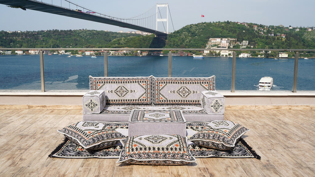 Gray Single Sofa, Arabic Sofa, Terrace Sofa with Ottoman Couch and Rug, Turkish Rug, Sofa Bed, Floor Couch, Meditation Sofa, Living Room Furniture
