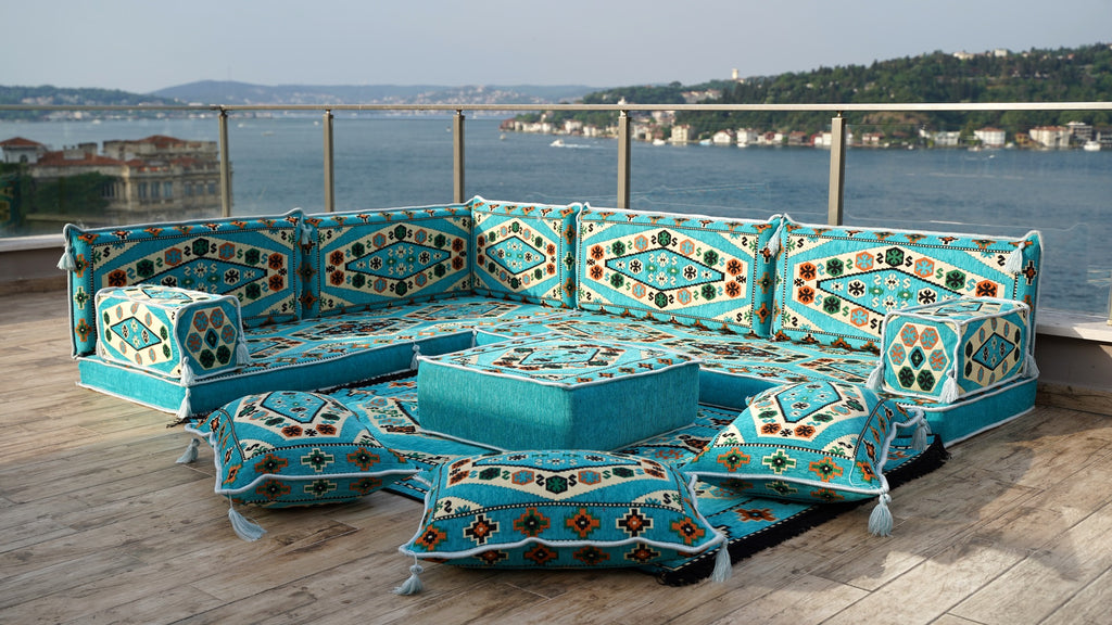 Light Blue Corner Arabic Seating Furniture, Handmade Livingroom Sofa, Arabic Floor Sofa, Moroccan Livingroom Sofa