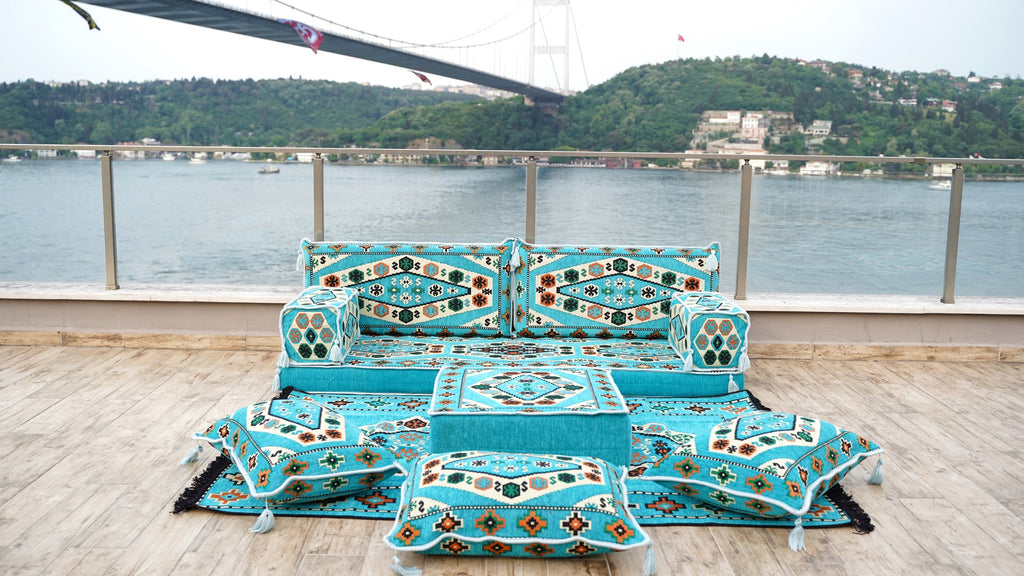 Light Blue Arabic Majlis, Arabic Floor Couch, Oriental Cushion, Moroccan Floor Seating Set, Moroccan Cushion, Ethnic Floor Sofa with Ottoman Couch and Rug