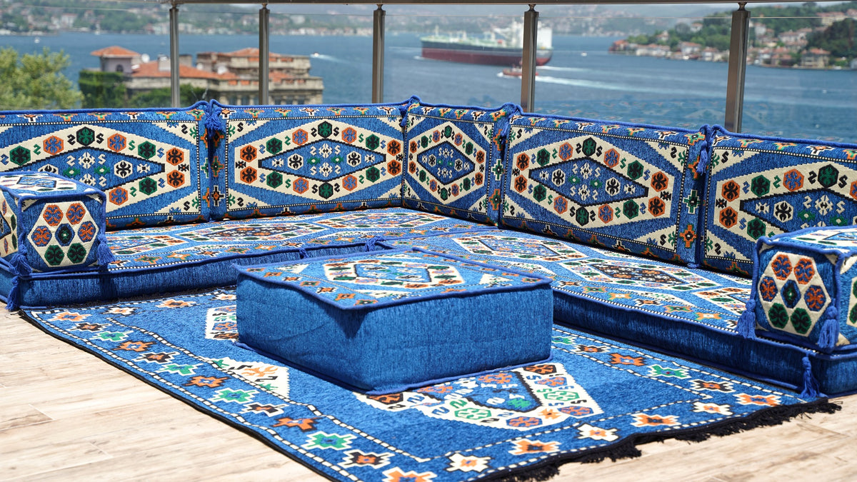 Blue Arabic Sofa, Bohemian Pallet Sectional Sofas, L Sofa Sets, Pallet