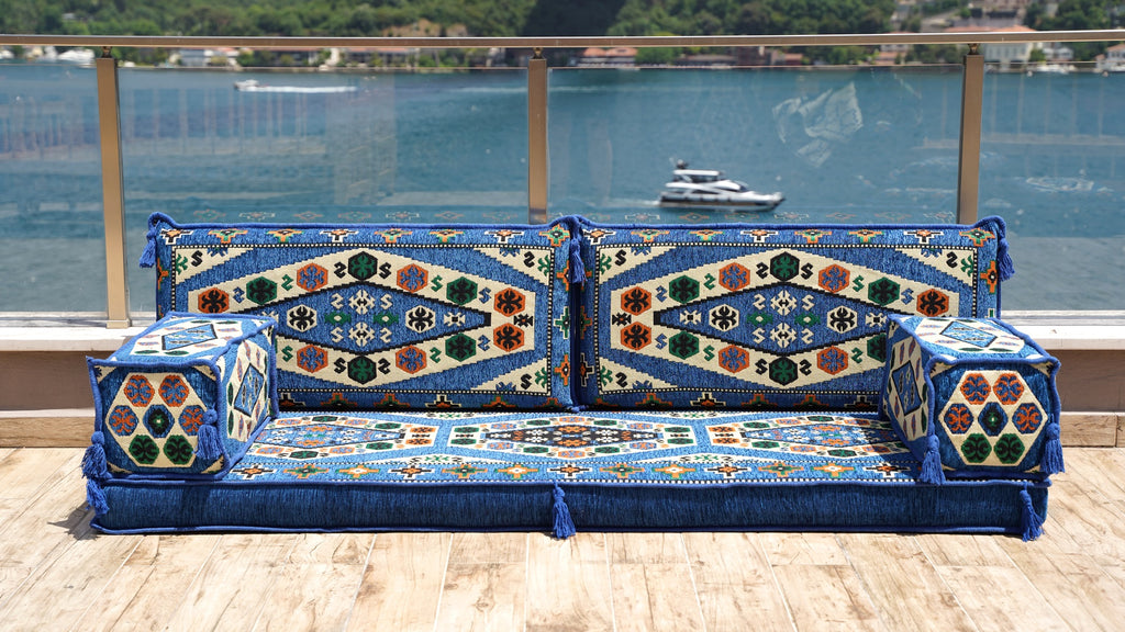 Royal Blue Arabic Floor Sofa Set, Balcony Patio Sofas, Terrace Sofa, Ethnic Sofa, Single Sofa Sets,Moroccan Sofas