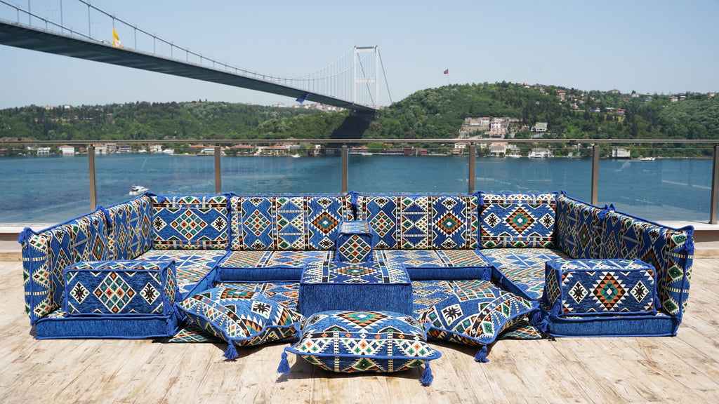 Royal Blue Arabic Sofa Floor Seating Set, Arabic Majlis Set, Floor Cushions, U Shaped Pallet Sofa Cushions