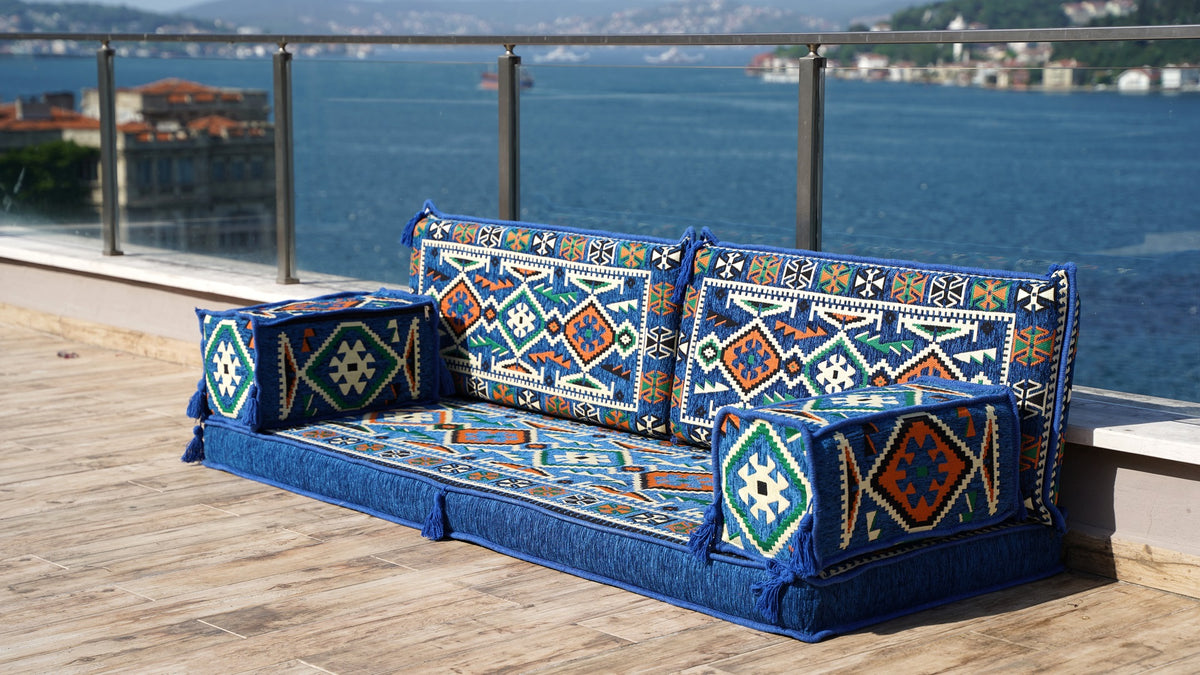 Royal Blue Corner Sofa Seating Set, Arabic Sofa Set, Oriental Floor Se