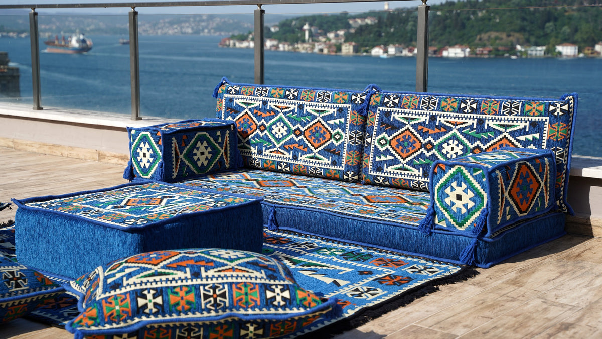 Royal Blue, Living Room Floor Cushion, Turkish Floor Sofa with Ottoman