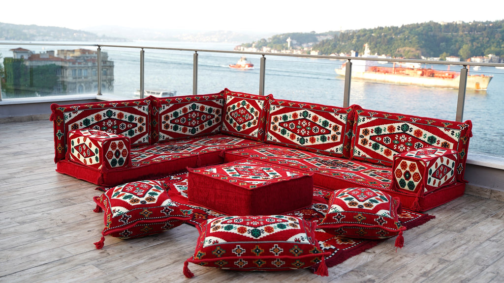 Blue Arabic Sofa, Bohemian Pallet Sectional Sofas, L Sofa Sets, Pallet Sofas, Bohemian Sectionals, Floor Cushions