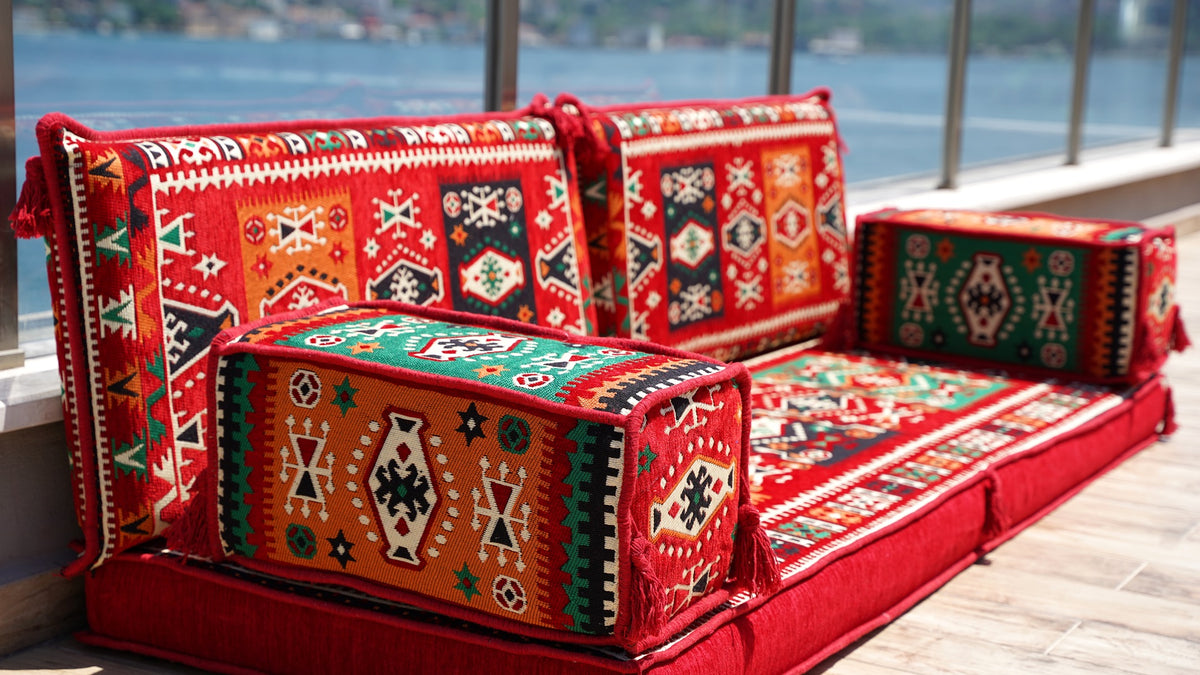 Red Turkish Sofa, Reading Sofa, Arabic Majlis, Floor Cushions, Section