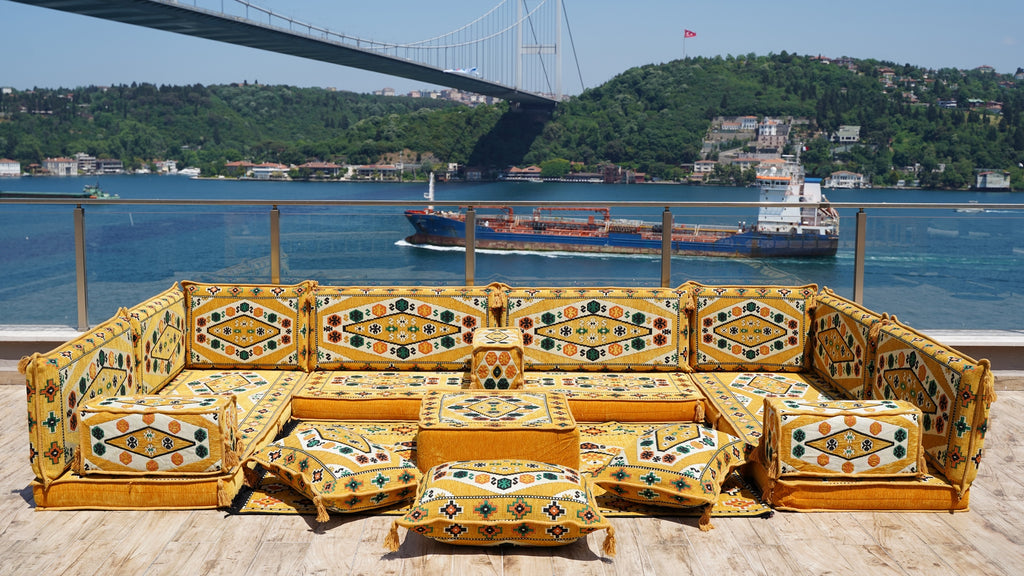 Yellow Color U Shaped Arabic Sofa Set, Arabic Majlis, Turkish Floor Seating Set, Oriental Floor Couches, Indoor Floor Sofas