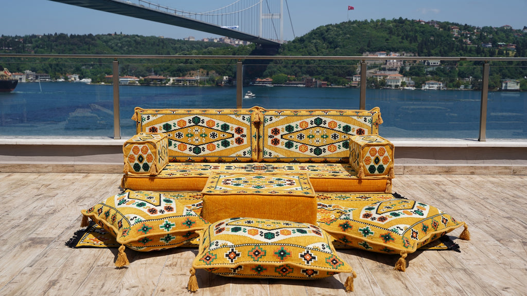 Yellow Patio Furniture, Living Room Floor Cushion, Arabic Floor Sofa with Ottoman Couch and Rug, Turkish Floor Cushion