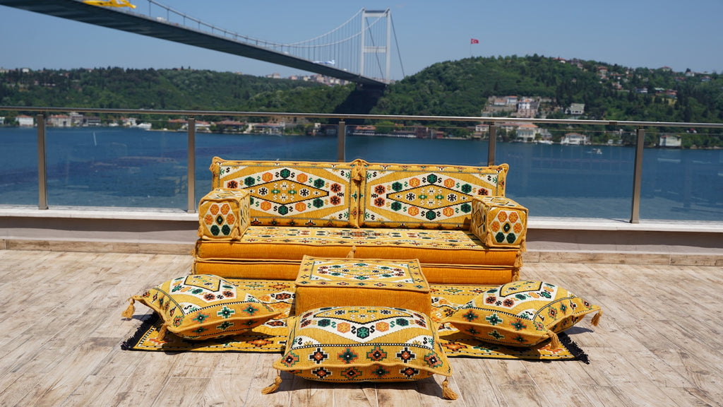 8'' Thickness Sofa Set, Floor Seating Sofa, Yellow Arabic Majlis, Arabic Floor Couch, Oriental Cushion