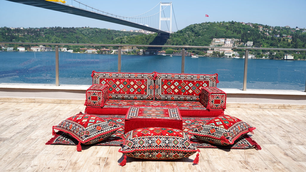 Single Shaped Red Floor Cushions, Modern Arabic Majlis Set, Floor Sofa Set, Ethnic Sofa, Arabic Sofa with Ottoman Couch and Rug