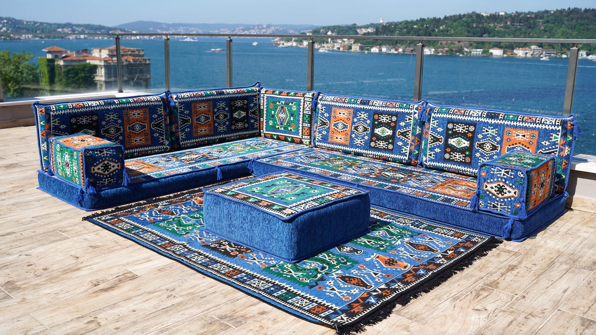 Blue Arabic Floor Sofa, L Shape Corner Seating Set, Bench Cushions, Se