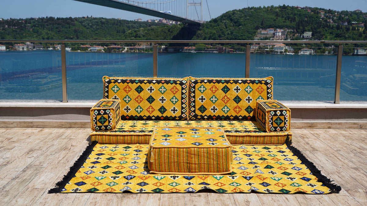 Yellow Arabic Floor Sofa, Moroccan Sofa with Ottoman Couch and Rug, Mo