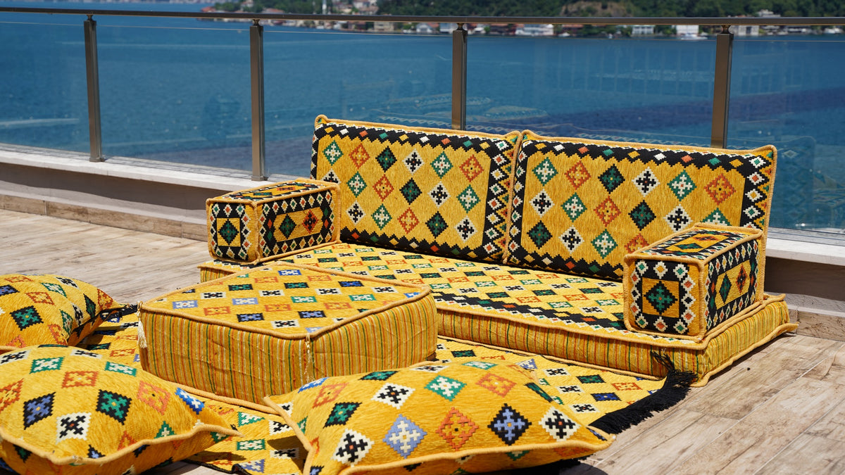 Yellow Arabic Floor Sofa, Moroccan Sofa with Ottoman Couch and Rug, Mo