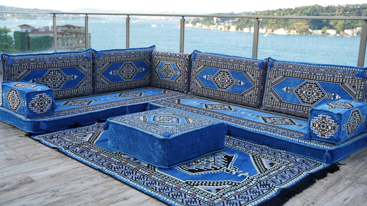 Blue Arabic Floor Cushions, Corner Oriental Floor Seating Sofa, Turkis