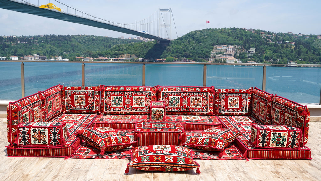 Red Arabic Floor Sofa Cover, Sectional Sofa, U Shaped Pallet Cushion, Ethnic Pillow Set, Indoor Sofa Set, Garden Sofa Set