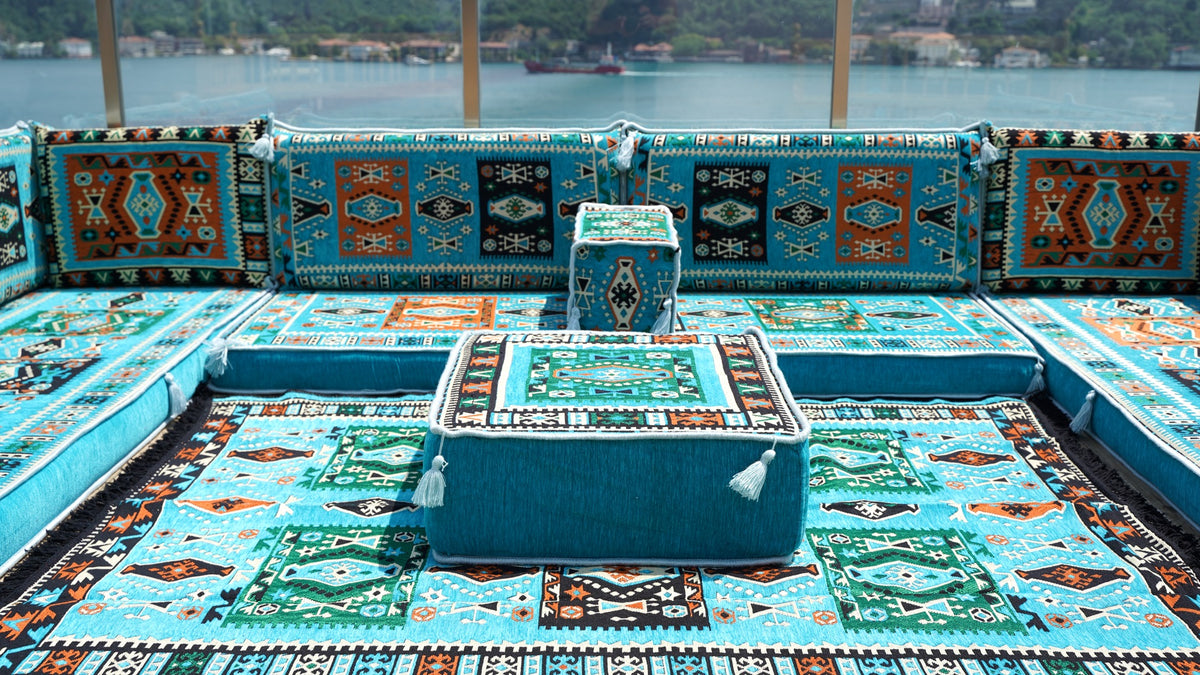 Light Blue Floor Seating Set, Corner Floor Sofa Set, Arabic Majlis, U