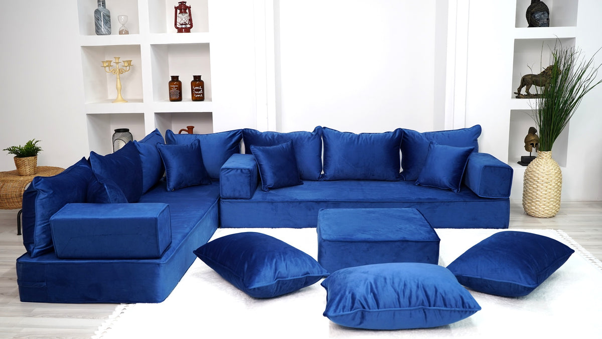 8" Thickness Blue Velvet Sofa Sets, Livingroom Floor Couch, Velvet Sof