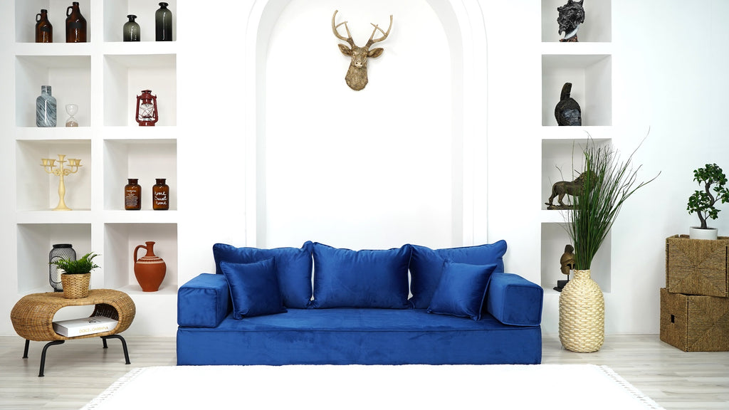 8" Thickness Blue Velvet Sofa Sets, Fabric Velvet Floor Seating Set, Velvet Floor Couch, Floor Cushions, Sectional Sofa, French Cushions,  Window Seat