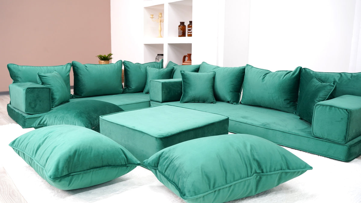 4" Thickness Emerald Green Velvet Sofa Sets, Velvet Floor Couch, Secti