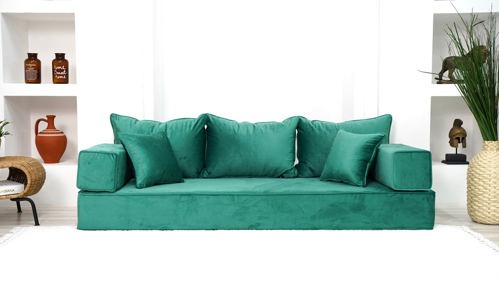8" Thickness Velvet Emerald Green Floor Seating, Sectional Sofa, Floor Sofa, Meditation Sofa, Custom Cushion, Velvet Sofa Sets, Floor Couches