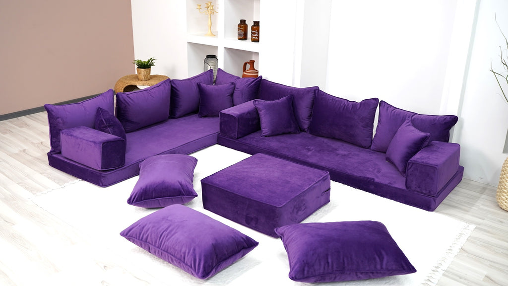 Velvet Purple Color Luxury Arabic Sofa Set, Velvet Floor Couch, Loveseat, Sectional Sofa, Pallet Sofa, Moroccan Home Decor - Arabic Sofa