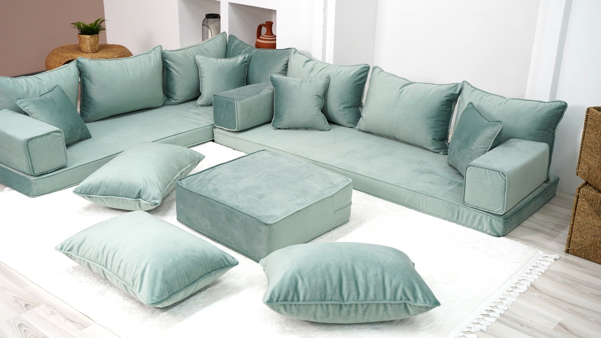 Water Green Serene Dune: Velvet Sofa Sets – L Shaped Sofa Set – 4 Inch