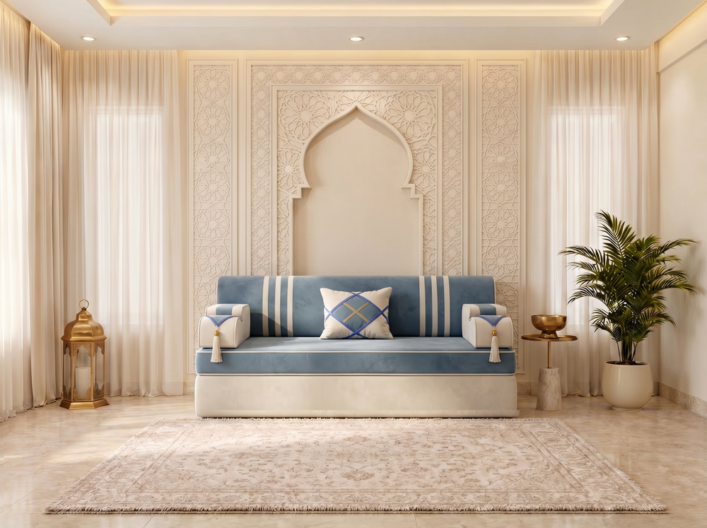 Arabic Majlis Sofa Set – Floor Seating U L Single – Gold Velvet Floor Couch – Gulf Middle Eastern Majlis – Oriental Sofa