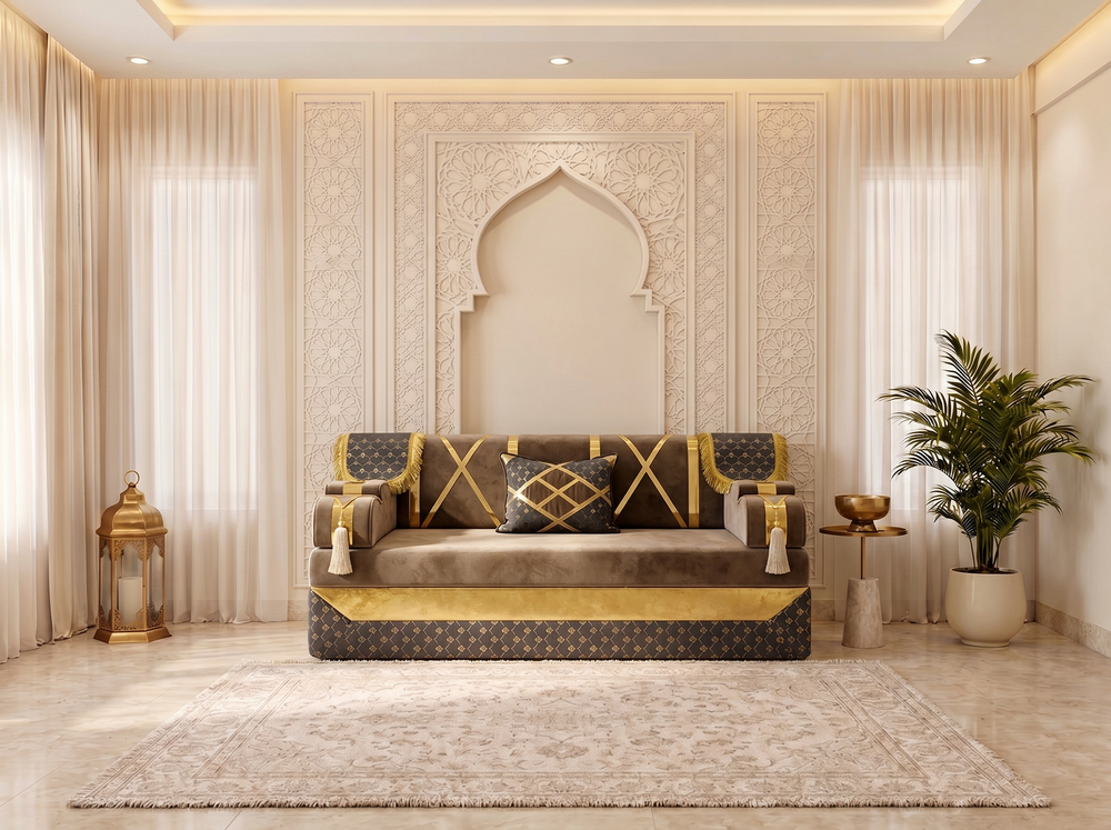 Arabic Floor Sofa Set – Majlis U L Single Layout – Oriental Sectional Seating – Taupe Velvet Couch – Moroccan Middle Eastern