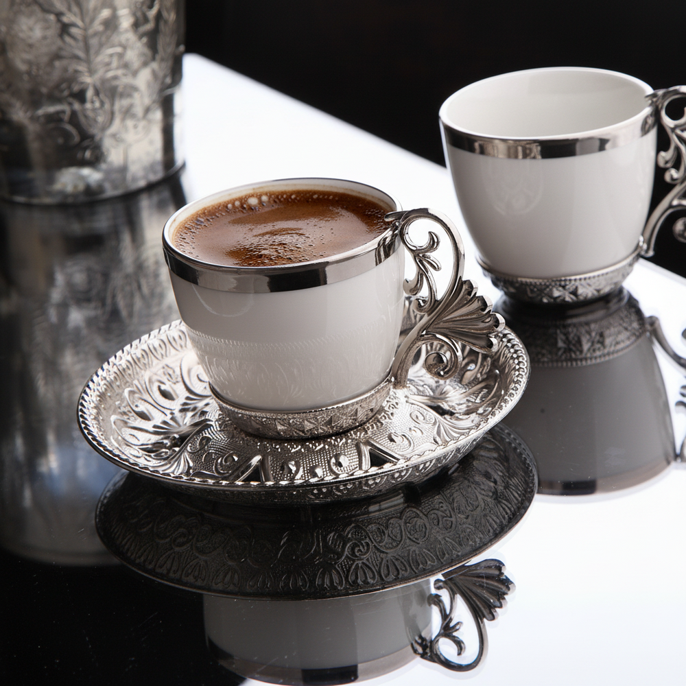 Silver Color Cream Turkish Coffee Set
