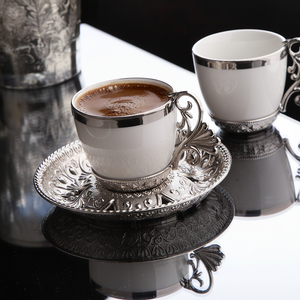 Silver Color Cream Turkish Coffee Set, traditional Turkish serving set for tea or coffee time