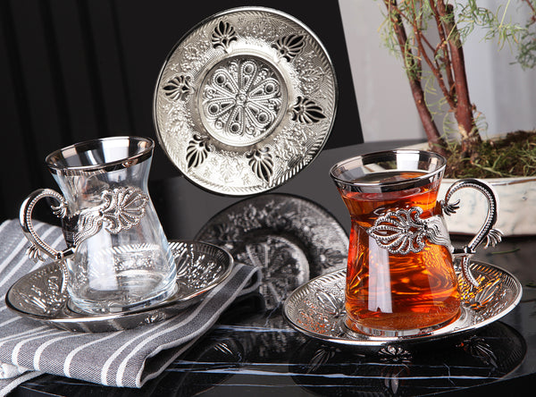 طقم فناجين شاي تركي بتصميم وردة فضية اللون