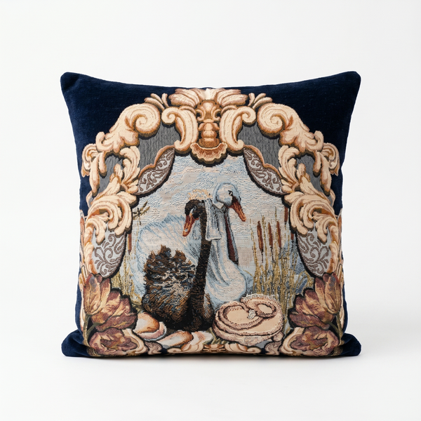 Navy Blue Swan Aria: Vintage Aubusson Pillow Cover – Floral Tapestry Cushion – French Country Sofa Throw Pillow