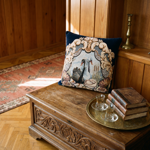 Navy Blue Swan Aria: Vintage Aubusson Pillow Cover – Floral Tapestry Cushion – French Country Sofa Throw Pillow