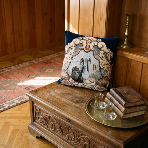 Navy Blue Swan Aria: Vintage Aubusson Pillow Cover – Floral Tapestry Cushion – French Country Sofa Throw Pillow