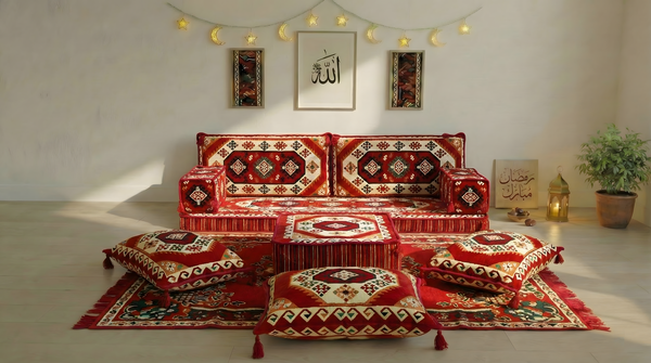 Traditional Red Arabic Sofa for Ramadan, Arabic Majlis for Living Room, Ottoman Floor Seating Sofa Set
