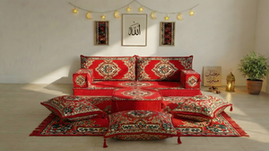 Authentic Red Sofa Sets, Boho Style Living Room Sofa, Arabic Majlis Sofa for Ramadan, 8 Inch Thick Corner Floor Sofa, Moroccan Style Couch